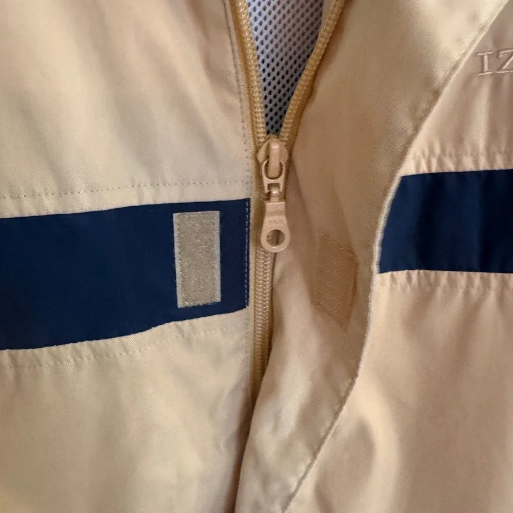 Izod Mens Windbreaker Jacket Tan Navy Blue Stripe Mesh Lined Full Zip Large‎